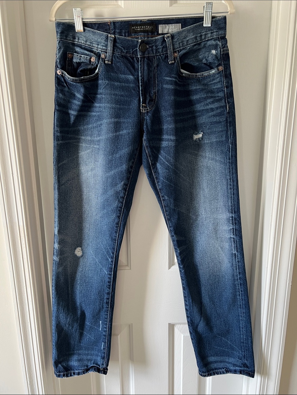 Aeropostale Men’s Slim Straight Dark Blue Distressed Jeans
